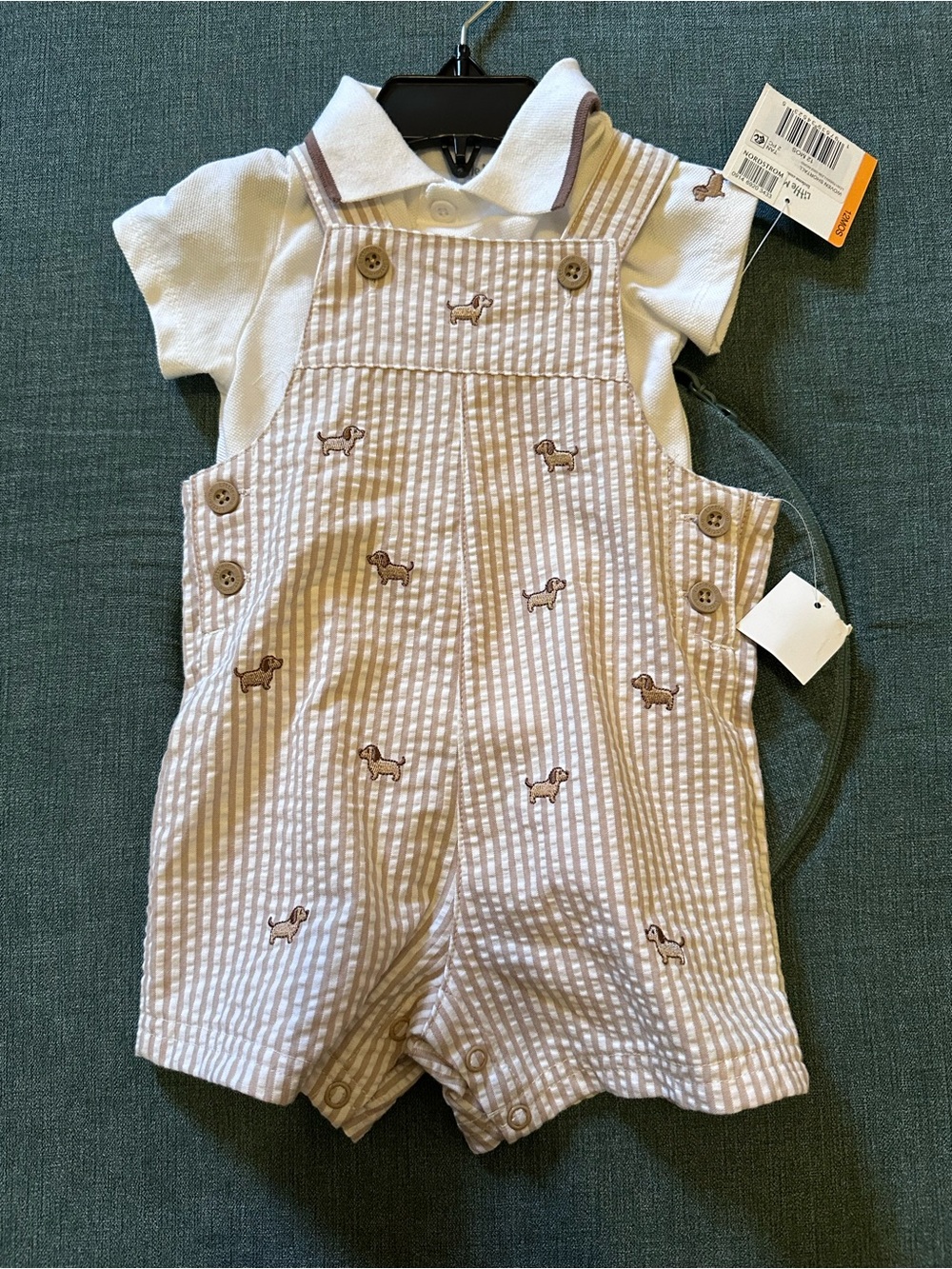 Little Me Tan & White Striped Embroidered Puppy Overalls